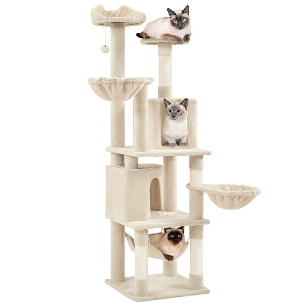 Katzenkratzbaum mit Liegemulden, Höhle und Hängematte, mit Katzen
