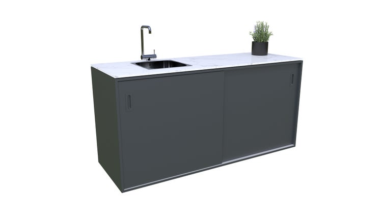 Spültischunterschrank mit Armatur, Spüle und Schiebetüren