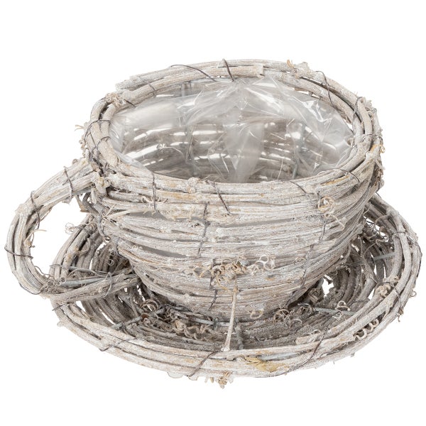 Dekorative Pflanzschale in Form einer Teetasse mit Untertasse aus Weide