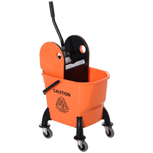 HOMCOM Putzwagen Reinigungswagen mit Wringer 26 Liter Putzeimer Fahreimer Wischwagen, Haken für Mopp Haushaltswagen mit 4 Rollen Orange