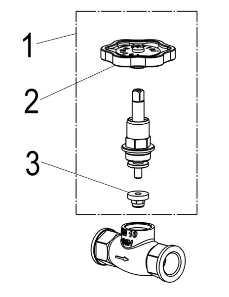 Technische Zeichnung eines Ventiloberteils mit Handrad und Dichtung als Ersatzteile für ein Ventilgehäuse.