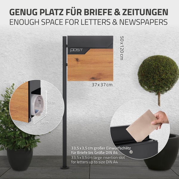 ECD Germany Standbriefkasten mit Zeitungsfach, Design Briefkasten mit Pfosten Briefkastenanlage, Briefkastenständer Anthrazit 120cm Edelstahl, Postkasten Anthrazit-Holzoptik Edelstahl pulverbechichtet