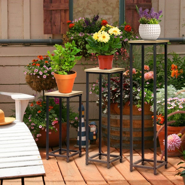 Outsunny 3-teiliges Set Pflanzenständer Stapelbarer Blumenhocker Blumentopfhalter Platzsparender Pflanzenhocker im Industriedesign für Garten Balkon Schwarz+Natur