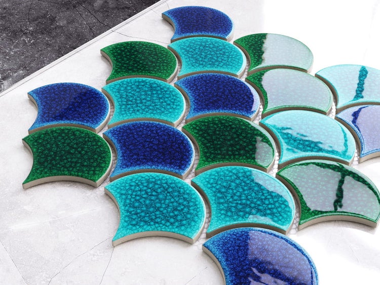 Keramikmosaik auf Netz für Bad oder Küche 29cm x 28.5cm - Blue Wave