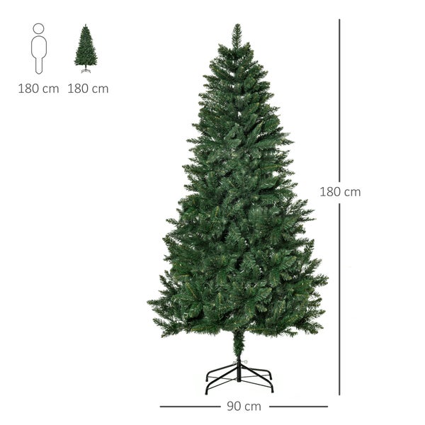 Künstlicher Weihnachtsbaum in Grün, Höhe 180 Zentimeter, Breite 90 Zentimeter, inklusive Metallständer und Größenvergleich.