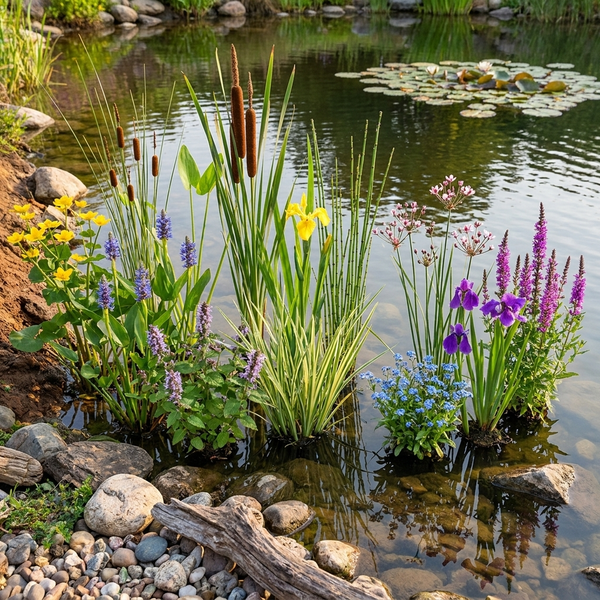Verschiedene Teichpflanzen wie Rohrkolben, Schilf und blühende Wasserstauden in einem naturnah gestalteten Gartenteich mit Steinufer.