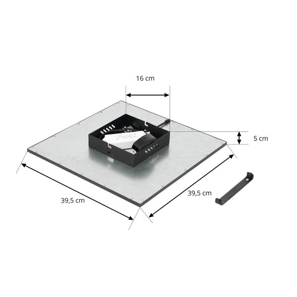Quadratisches LED-Panel mit Abmessungen von 39,5 mal 39,5 Zentimeter und einer Höhe von 5 Zentimeter.