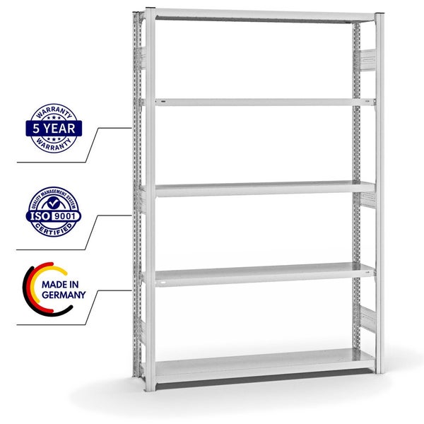 PROREGAL Fachbodenregal Stecksystem T-Profil Heavy-Duty Grundregal HxBxT 200 x 130 x 30 cm 5 Ebenen Fachlast 300 kg Beidseitig Nutzbar Lichtgrau