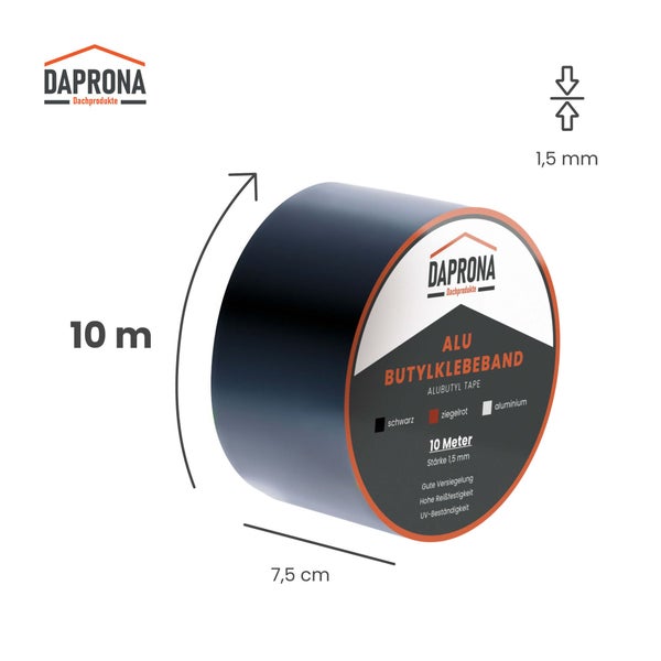 Daprona Logo. Daprona Alubutyl-Klebeband in Schwarz, Länge 10 Meter, Breite 7,5 Zentimeter, Stärke 1,5 Millimeter.