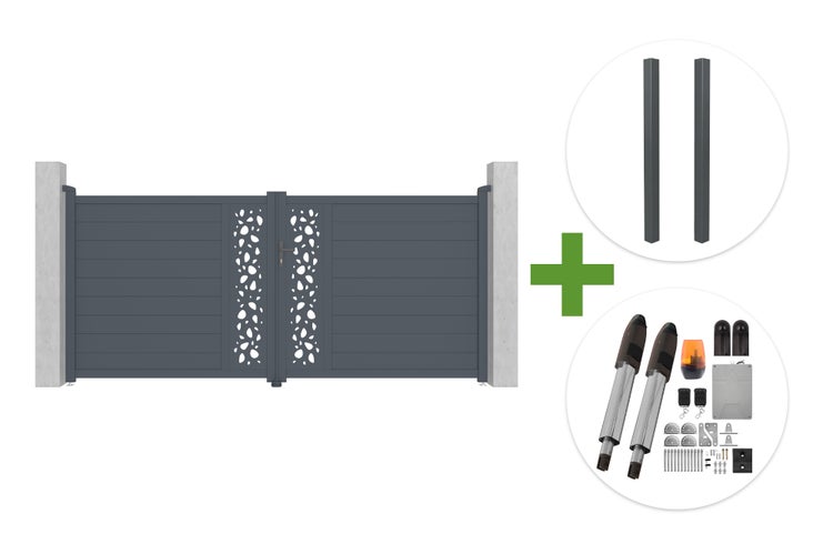 Zweiflügeliges Einfahrtstor aus Aluminium inklusive zwei Pfosten und elektrischem Torantrieb mit Montagezubehör.