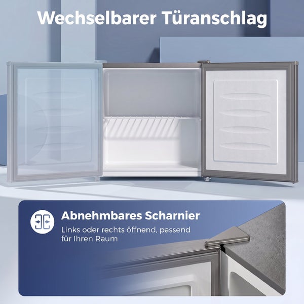 Gefrierschrank mit wechselbarem Türanschlag und abnehmbarem Scharnier für links- oder rechtsseitige Türöffnung.