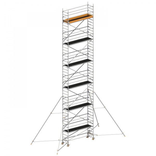 Fahrgerüst mit mehreren Ebenen und seitlichen Stützen für Stabilität