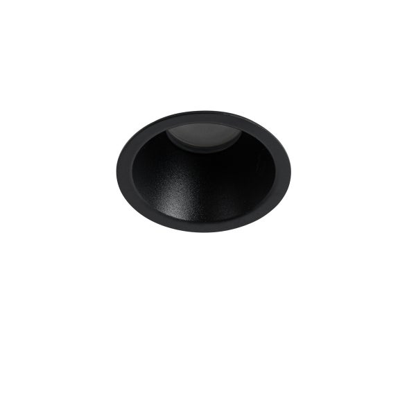 Runder Einbaustrahler in Schwarz mit tief liegendem Gehäuse.