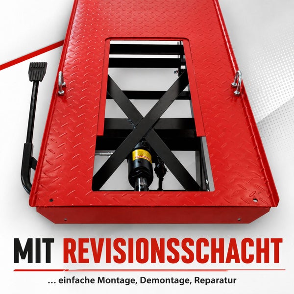 Rote Motorrad-Hebebühne mit Revisionsschacht für einfache Montage, Demontage und Reparatur.