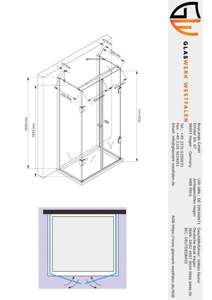 Technische Zeichnung einer Duschkabine mit Maßangaben