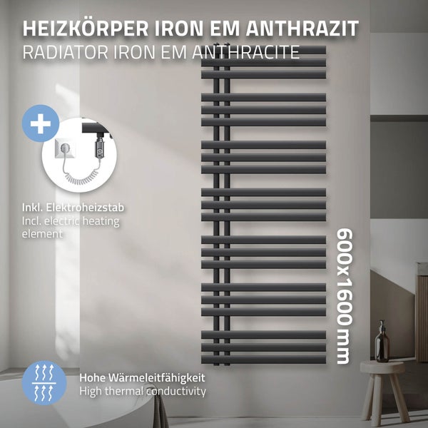ECD Germany Iron EM Design Badheizkörper Elektrisch mit Heizstab 1200 W - 600 x 1600 mm - Anthrazit - Designheizkörper Paneelheizkörper Heizkörper Handtuchwärmer Handtuchtrockner