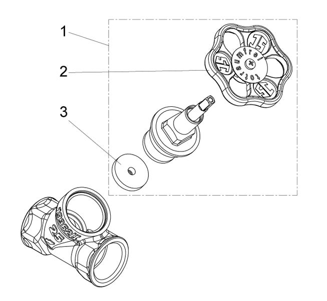 Explosionszeichnung eines Ventiloberteils mit Handrad, Spindel und Dichtung.