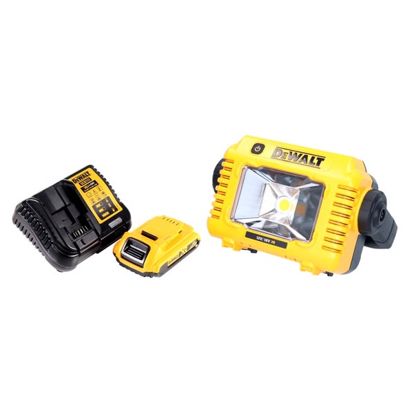DeWalt Akku-LED-Baustrahler inklusive Akku und Ladegerät für Baustellen und Werkstätten.