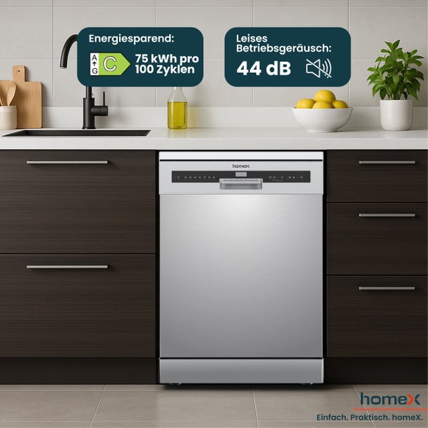 Homex Geschirrspüler in einer modernen Küche mit Energieeffizienzklasse C und einem Geräuschpegel von 44 Dezibel