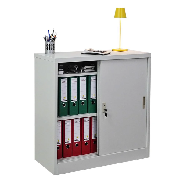 PROREGAL Mega Deal 5x Aktenschrank ELEPHANT mit Abschließbaren Schiebetüren HxBxT 90 x 90 x 40 cm 2 Fachböden Lichtgrau