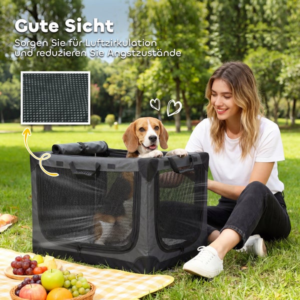 Faltbare Hundetransportbox aus Stoff mit Mesh-Einsätzen für Luftzirkulation und Sichtbarkeit, im Freien mit Beagle und Frau.