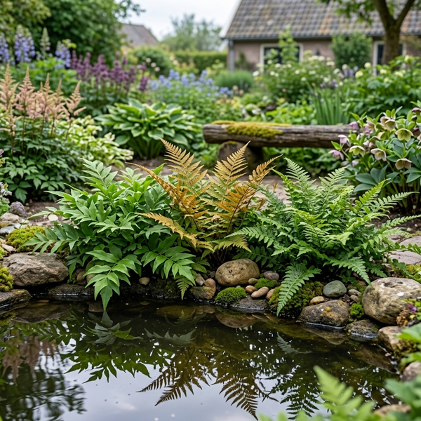 Üppig bepflanzter Gartenteich mit Farnen und Steinen am Ufer, im Hintergrund eine Holzbank und verschiedene Stauden.