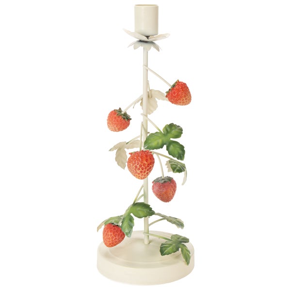 Kerzenständer aus Metall mit Erdbeer-Motiv, grünen Blättern und roten Erdbeeren auf cremefarbenem Gestell.