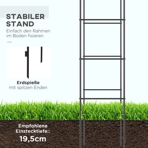 Schwarze Rankhilfe aus Metall mit Erdspießen zur stabilen Fixierung im Boden, empfohlene Einstecktiefe 19,5 Zentimeter.