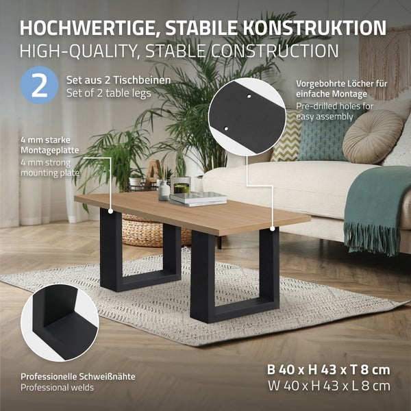 ECD Germany 2er Set Tischbeine 40x43 cm, Schwarz, Stahl pulverbeschichtet, Industriedesign, Vierkantprofil, Metall Tischkufen Tischuntergestell Tischgestell Möbelfüße Bankkufen Bankgestell Bankbeine