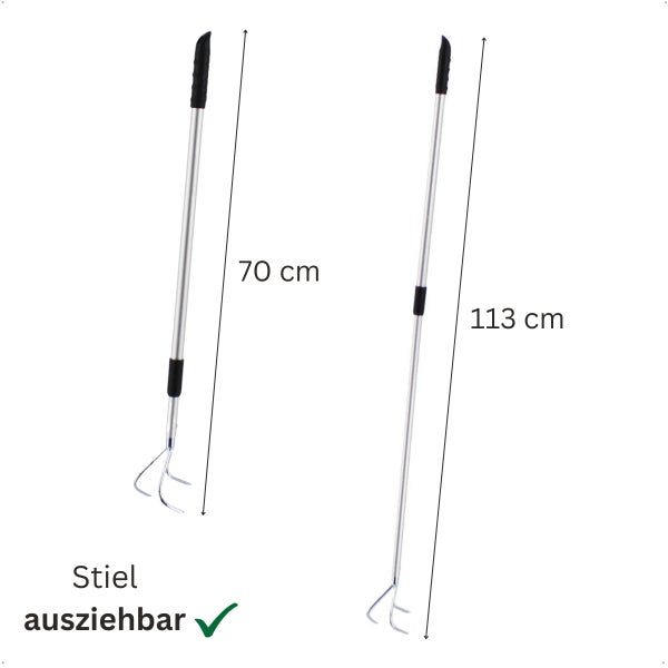 Gartenkralle mit ausziehbarem Stiel, verstellbar von 70 Zentimeter bis 113 Zentimeter Länge, ideal für die Bodenbearbeitung im Garten.