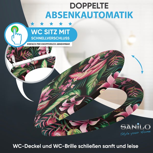 Toilettensitz mit Absenkautomatik und Schnellverschluss mit floralem Motiv von Sanilo für eine einfache Montage und Reinigung.