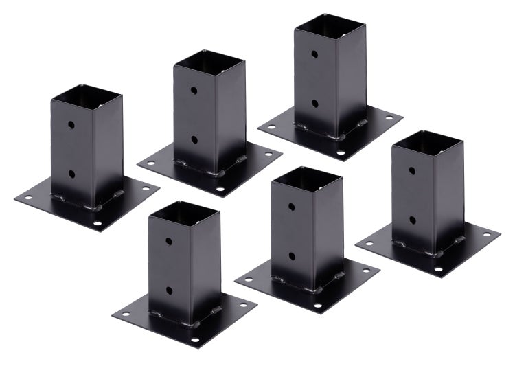 Set von sechs quadratischen Pfostenträgern aus Metall zum Aufschrauben mit Montagebohrungen
