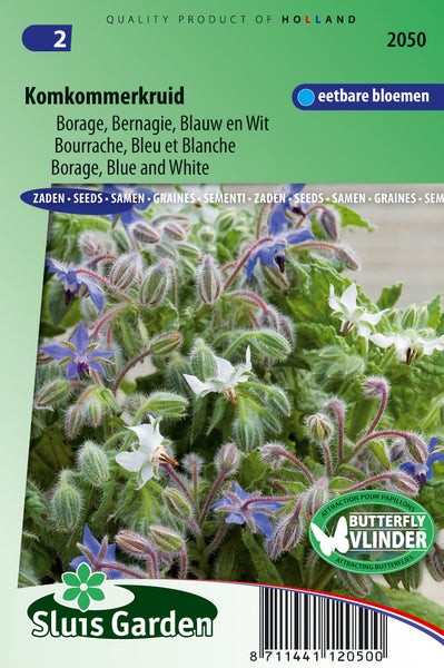 Gurkenkraut-Samenpackung mit blauen und weißen Blüten