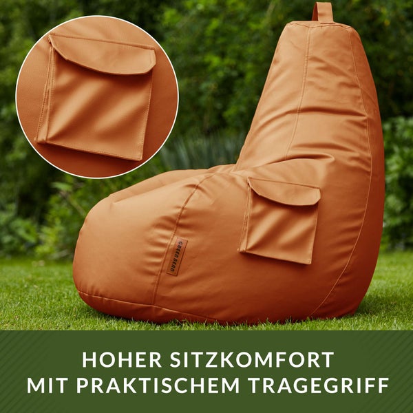 Green Bean Sitzsack aus Kunstleder mit EPS Perlen Füllung - 90 x 80 x 70 cm - Bean Bag Sitzkissen Sitzpuff Sitzsessel Bodenkissen Lounge Gaming Chair Rückenlehne - Cognac