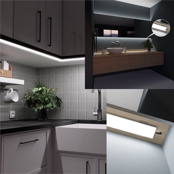 LED Unterbauleuchte für Küche und Badezimmer als moderne Möbelbeleuchtung mit indirektem Lichteffekt montiert an Schränken und Spiegeln