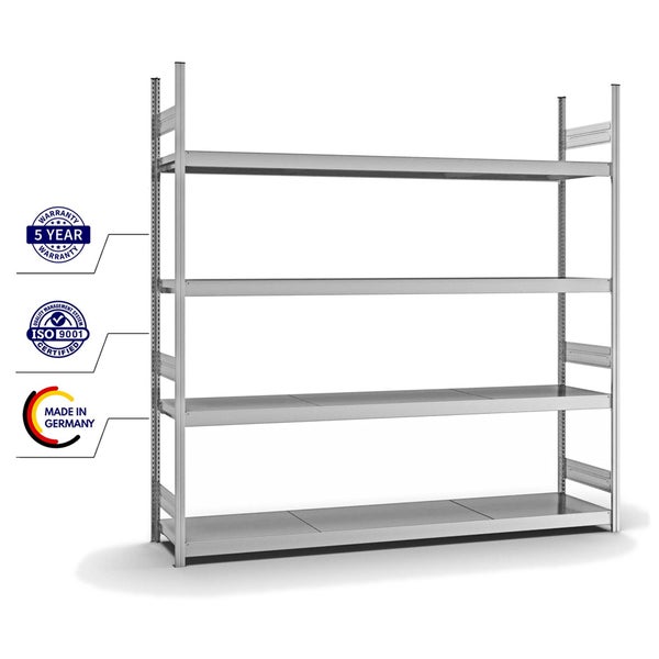 PROREGAL Weitspannregal Stecksystem T-Profil Grundregal HxBxT 250x250x50 cm 4 Ebenen Stahlplatten Fachboden Fachlast 350 kg Verzinkt