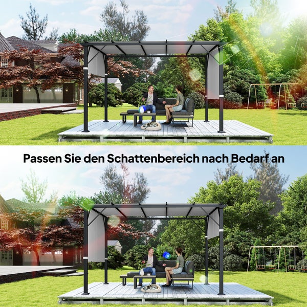 Moderne Pergola mit verstellbarem Seitenrollo auf einer Holzterrasse im Garten, inklusive Lounge-Möbeln und Personen in einer hellen Atmosphäre.