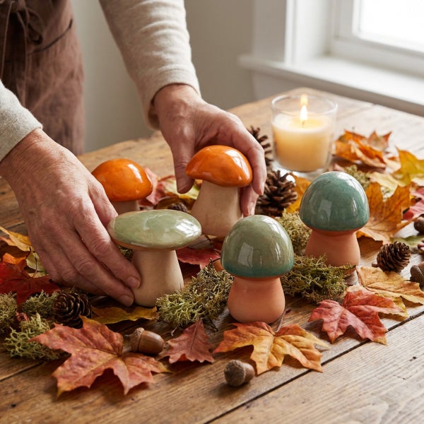 Herbstliche Tischdekoration mit handgefertigten Keramikpilzen, Zapfen, Moos und Laub auf einem Holztisch mit brennender Kerze.