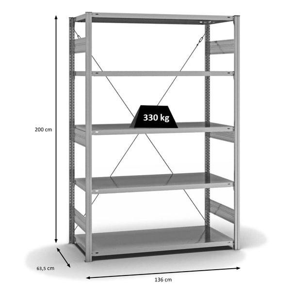 PROREGAL Fachbodenregal Stecksystem T-Profil Heavy-Duty Grundregal HxBxT 200 x 130 x 60 cm 5 Ebenen Fachlast 330 kg Einseitig Nutzbar Verzinkt