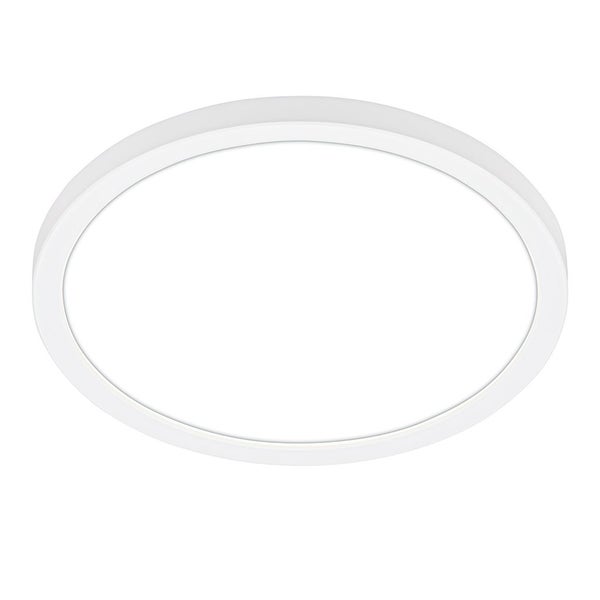Runde, flache LED-Deckenleuchte mit weißem Rand.
