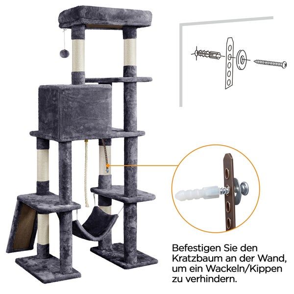 Grauer Katzenkratzbaum mit mehreren Ebenen, Hängematte und Spielzeug zur Wandmontage