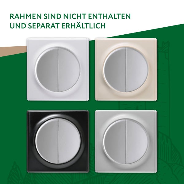 Vier quadratische Lichtschaltereinsätze mit runden Wippen ohne Rahmen, Rahmen sind separat erhältlich.