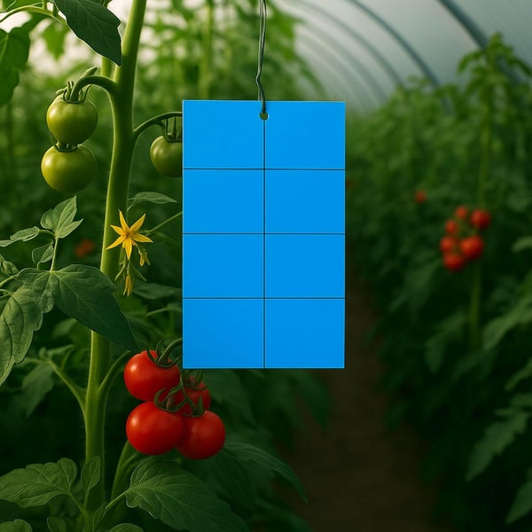 Blautafel zur Insektenbekämpfung hängend in einem hellen Gewächshaus an einer Tomatenpflanze mit Früchten.