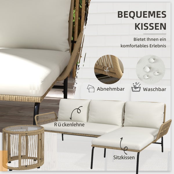 Outsunny 3-tlg. Rattan Gartenmöbel-Set, Gartengarnitur mit Liegestuhl, Couchtisch, Zweisitzer, Gartenset mit Sitzkissen, Balkonmöbel-Set für Garten, Terrasse, Creme
