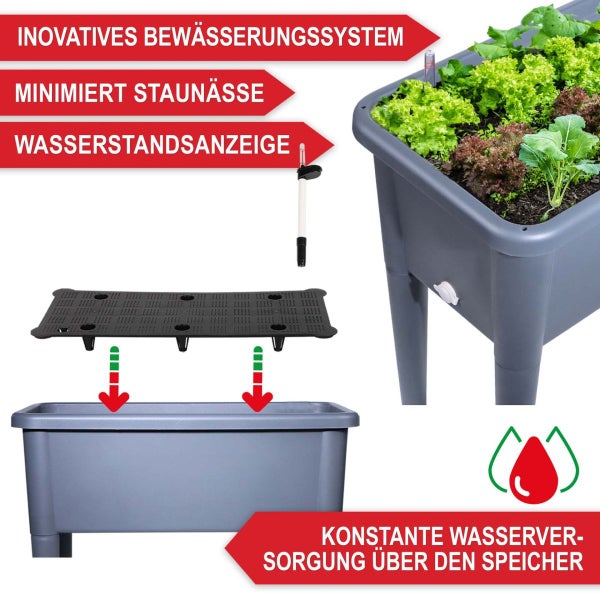 Hochbeet mit innovativem Bewässerungssystem, Wasserstandsanzeige und Wasserspeicher zur Vermeidung von Staunässe.