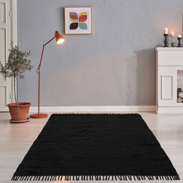 Handgewebter Fleckerlteppich aus Baumwolle Chindi Schwarz 70x140 cm