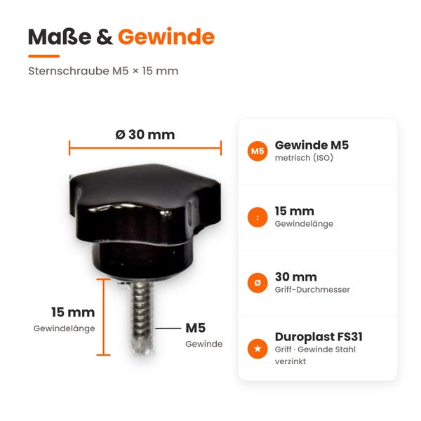 Technische Zeichnung einer Sternschraube mit M5 Gewinde und 15 Millimeter Gewindelänge sowie 30 Millimeter Griffdurchmesser aus Duroplast.