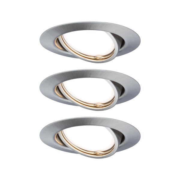 Drei LED-Einbauleuchten Base mit flachem LED-Reflektor GU10, Anschlussgehäuse und Metallring für 68 Millimeter Bohrdurchmesser.