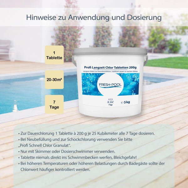 Fresh-Pool Profi Langzeit Chlor Tabletten 200g 5 kg - Chlortabs /<br />Chlortabletten für Pool | Chlor Langzeittabletten Pool | Langzeit<br />Chlortabletten 200g