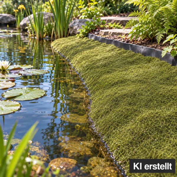 Teichrand aus Ufermatte als natürliche Uferbefestigung für einen Gartenteich mit Wasserpflanzen und Steinen.
